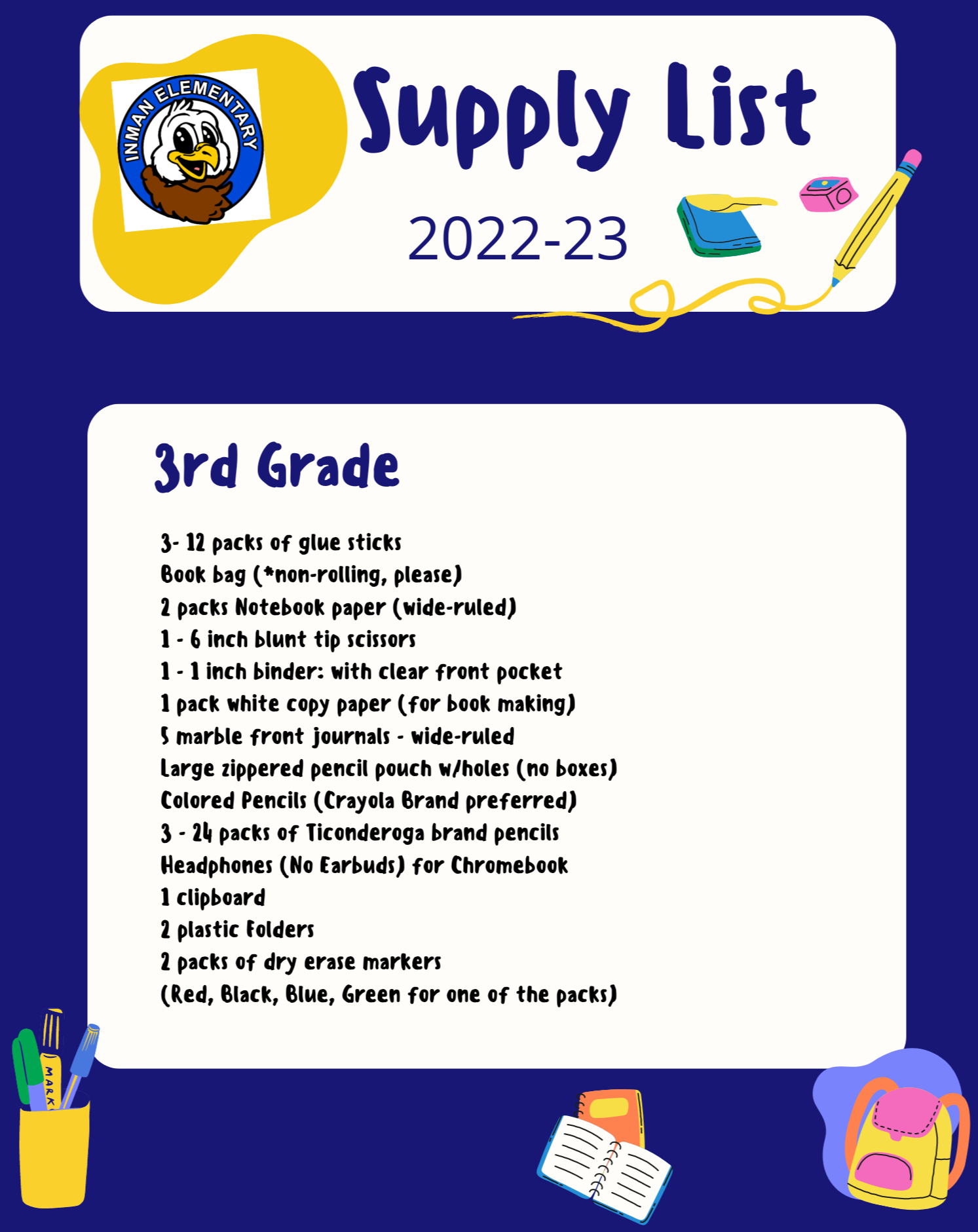 3rd Grade Supply List