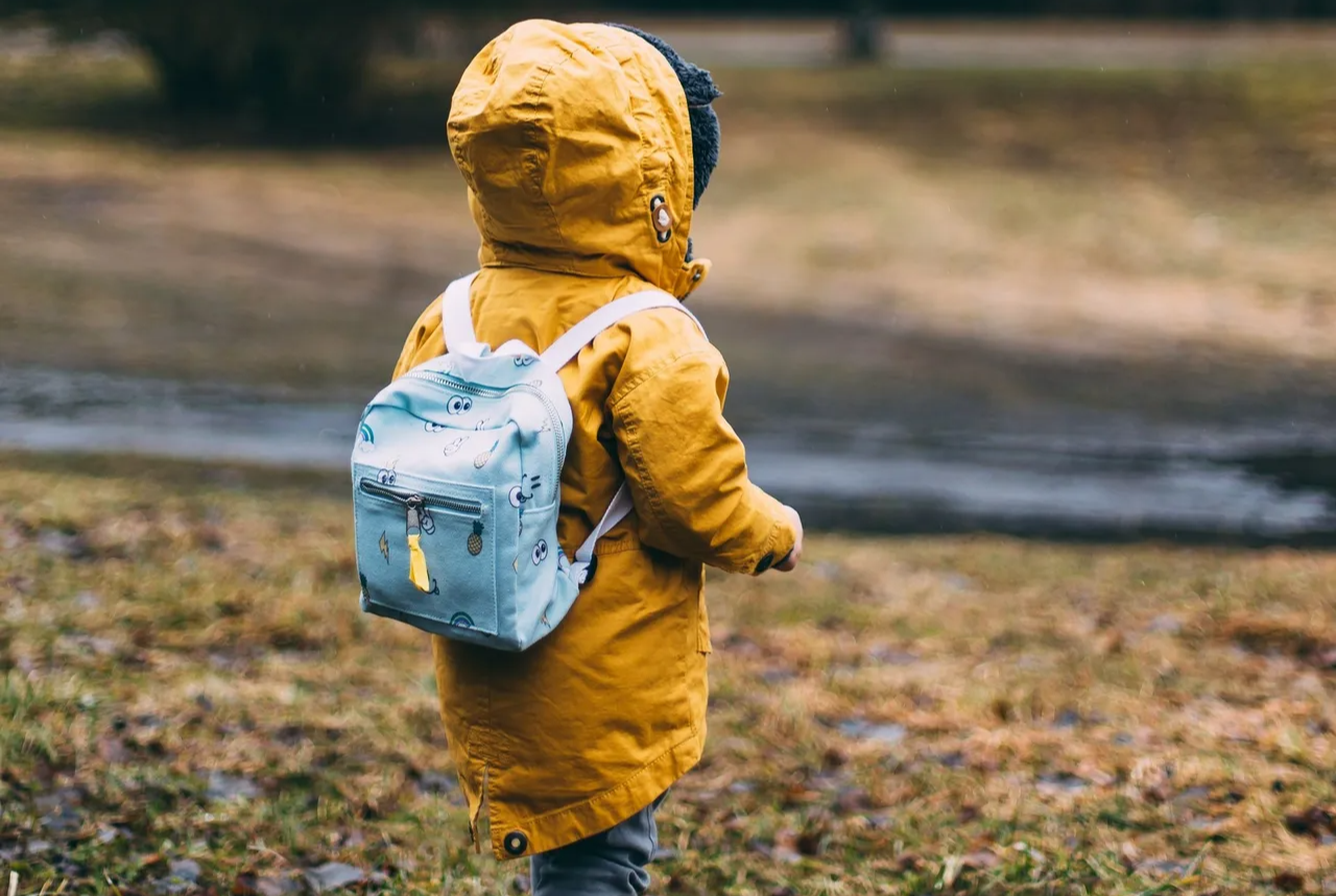Child wearing a coat and backpack