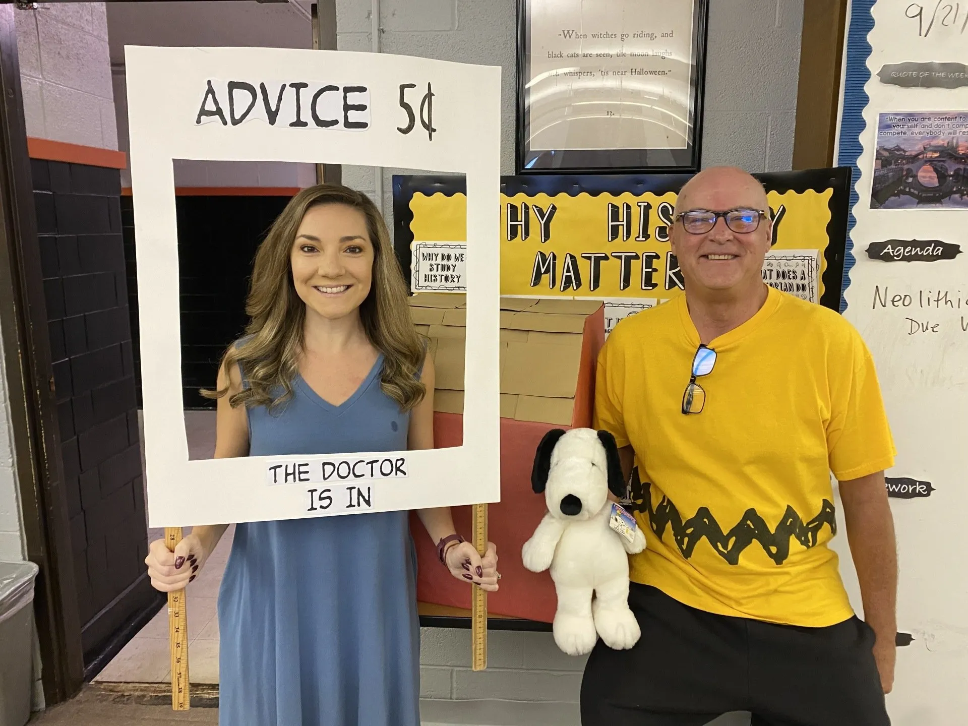 Teachers dressed up like Lucy and Charlie Brown