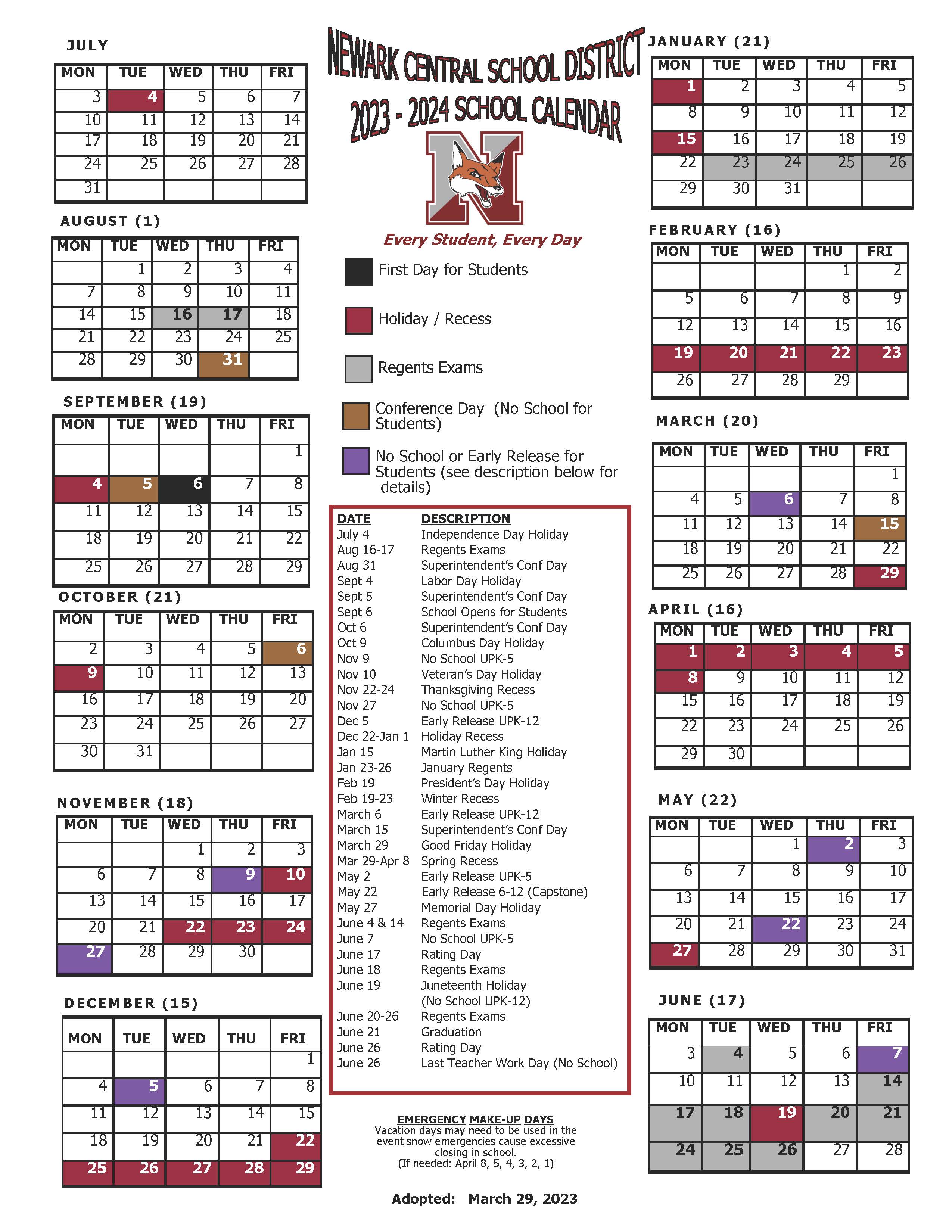 Instructional Calendar Newark Central School District