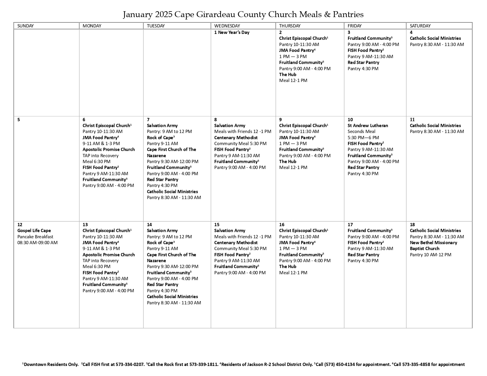 January schedule of free meals provided by churches