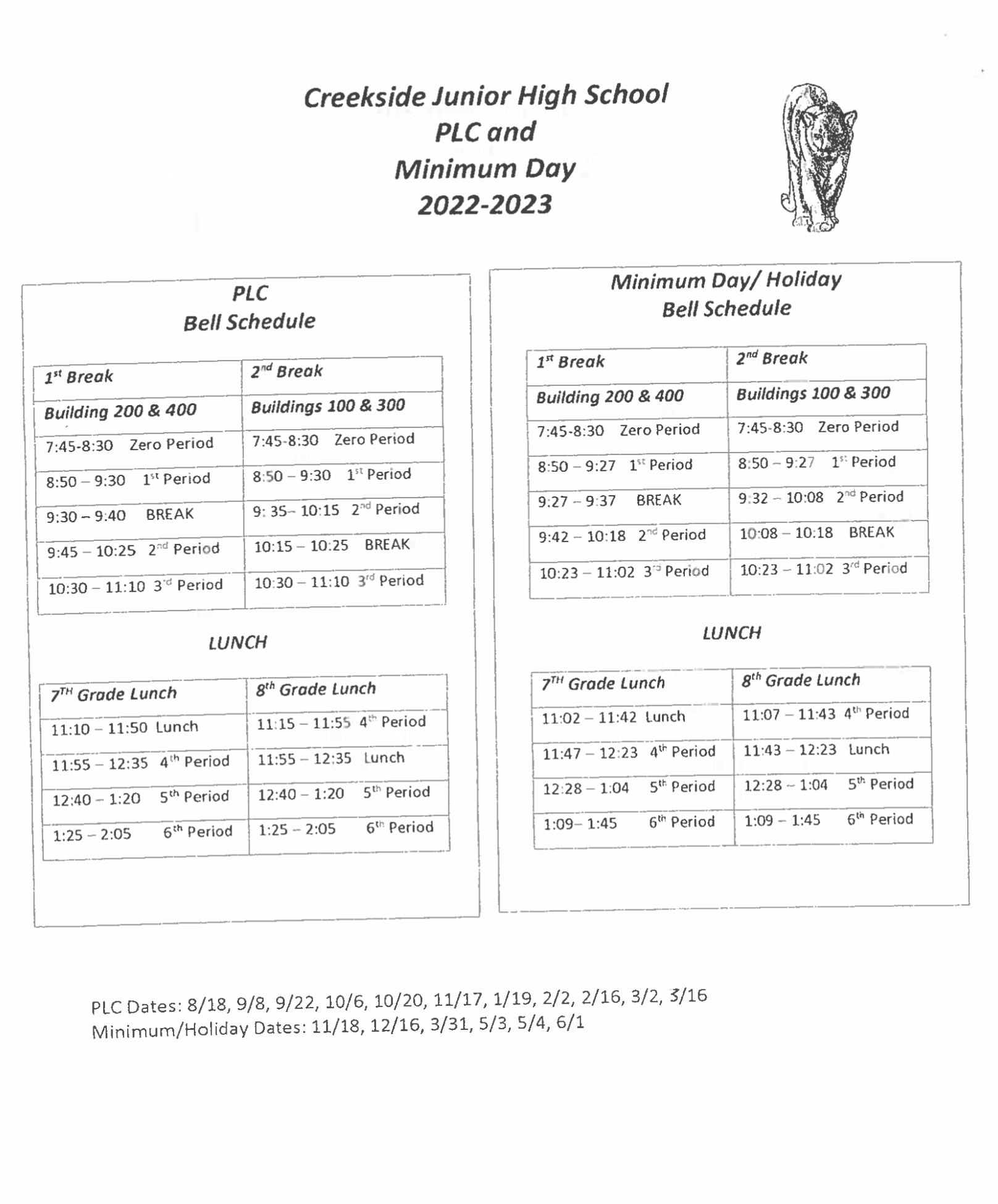 Bell Schedules Creekside Junior High