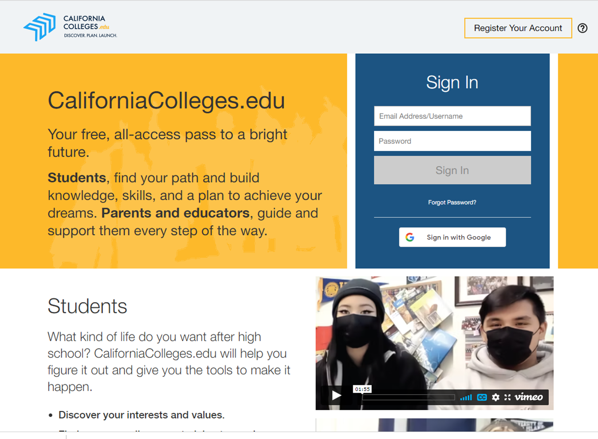 screenshot of the California Colleges website homepage