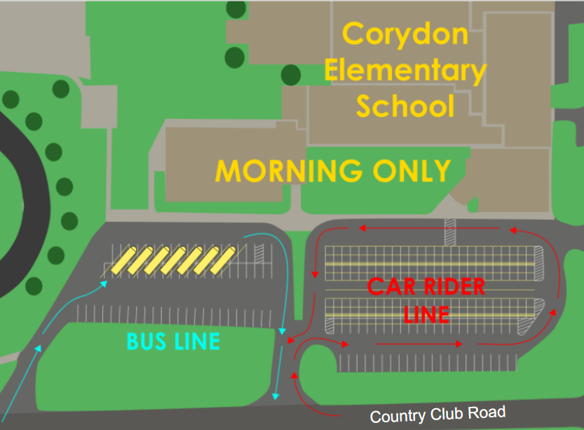 map showing the car rider drop off route for Corydon Elementary School