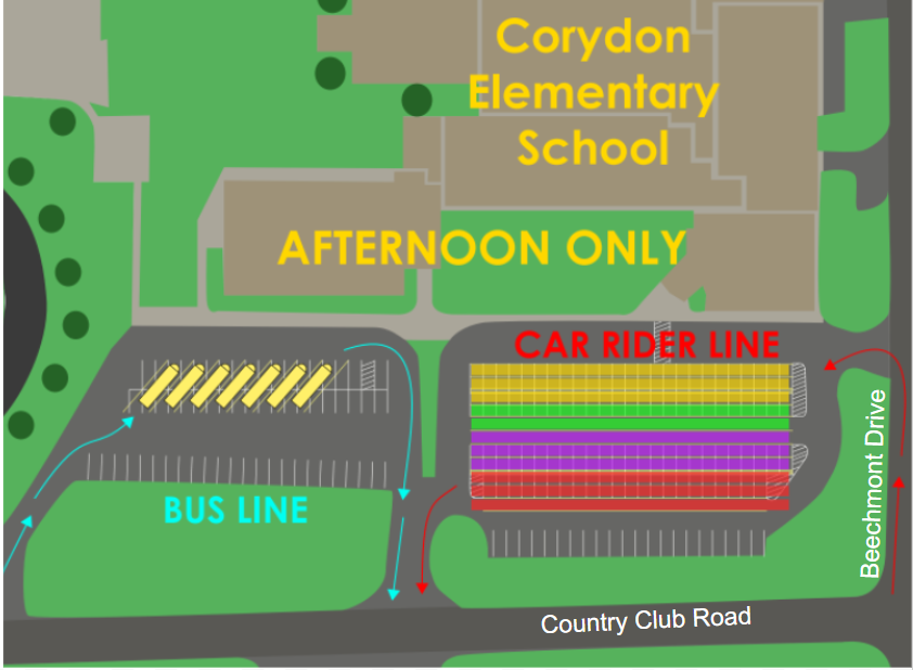 map showing the car rider pick up route for Corydon Elementary School