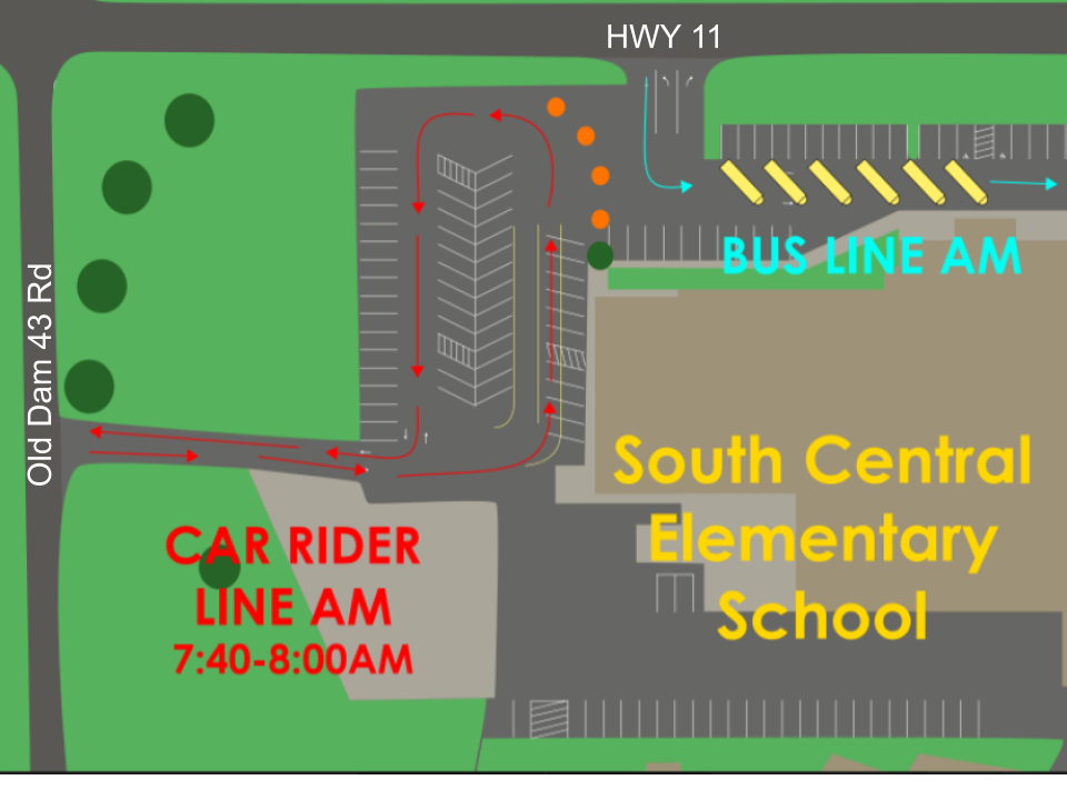 picture of the South Central Elementary School car rider drop off route