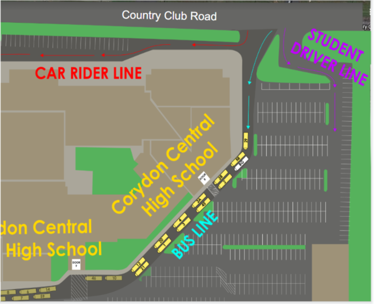 picture of the car rider, driver, and school bus routes for Corydon Central High School