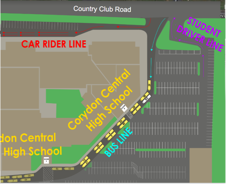 picture of the car rider, driver, and school bus routes for Corydon Central High School