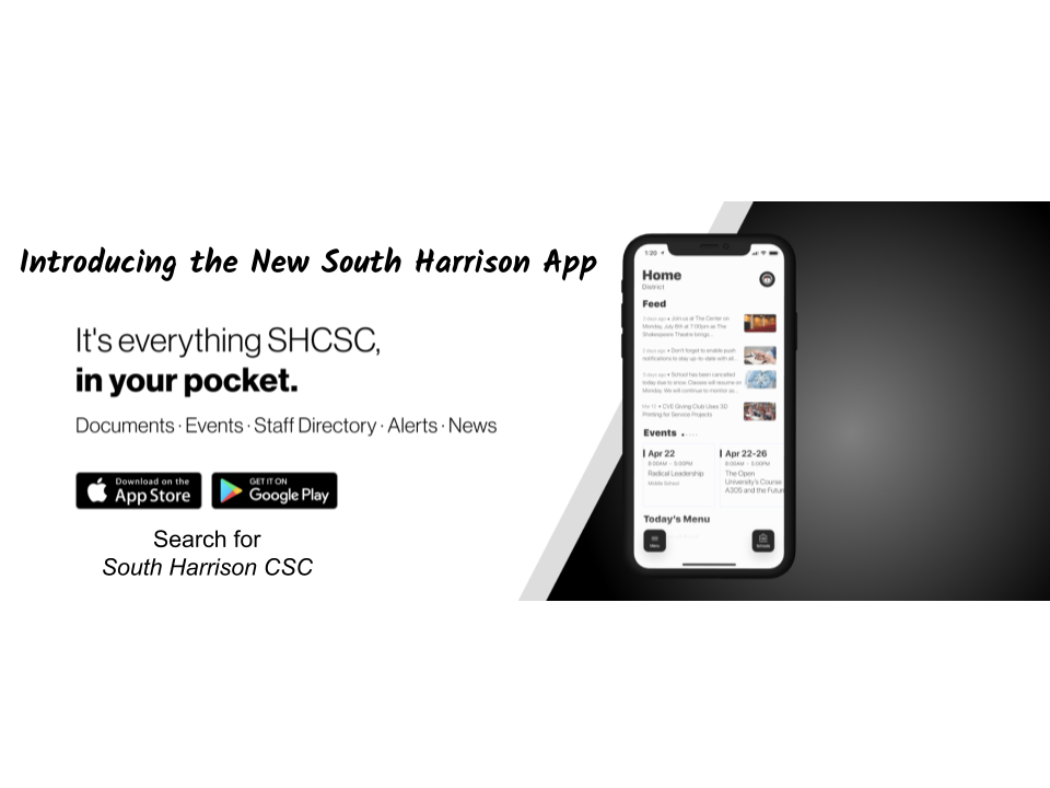 a cell phone is pictured displaying an example of the news feed found on South Harrison app