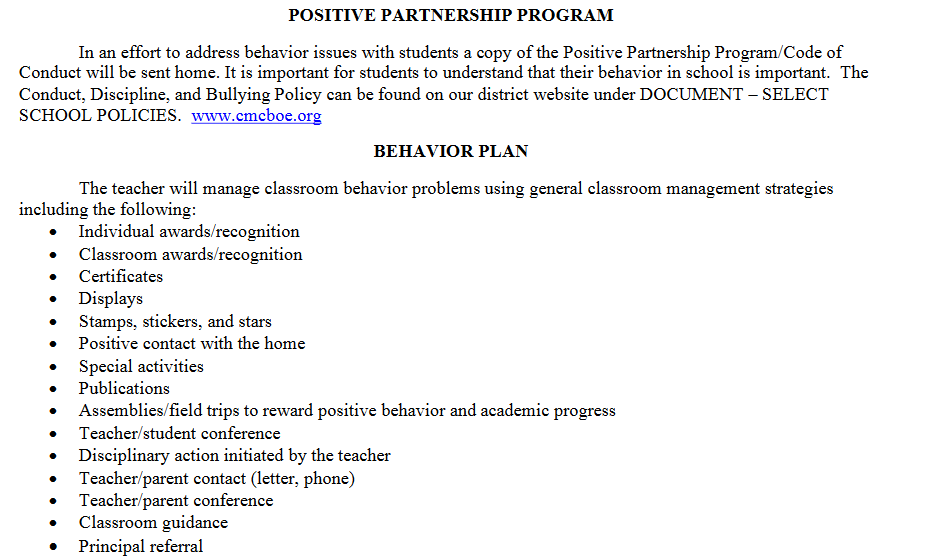 Positive Partnership Program/Behavior Plan