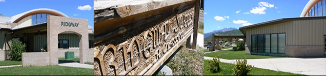 Elementary building front entry and ridgway school sign and elementary building side view