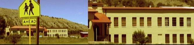 Yellow student walking sign and old school house building front