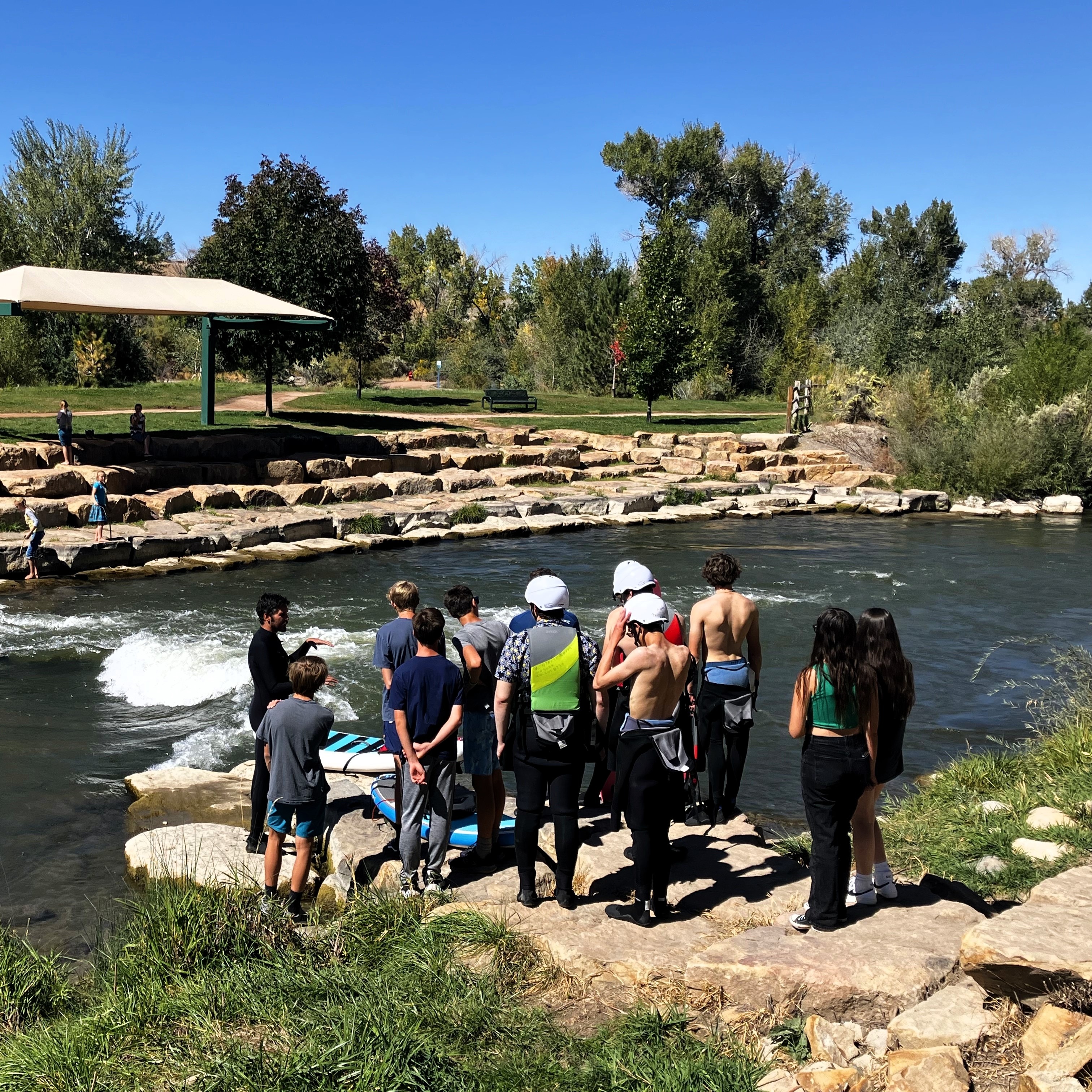 High School Outdoor Education river surfing at the Montrose Riverbottom Park