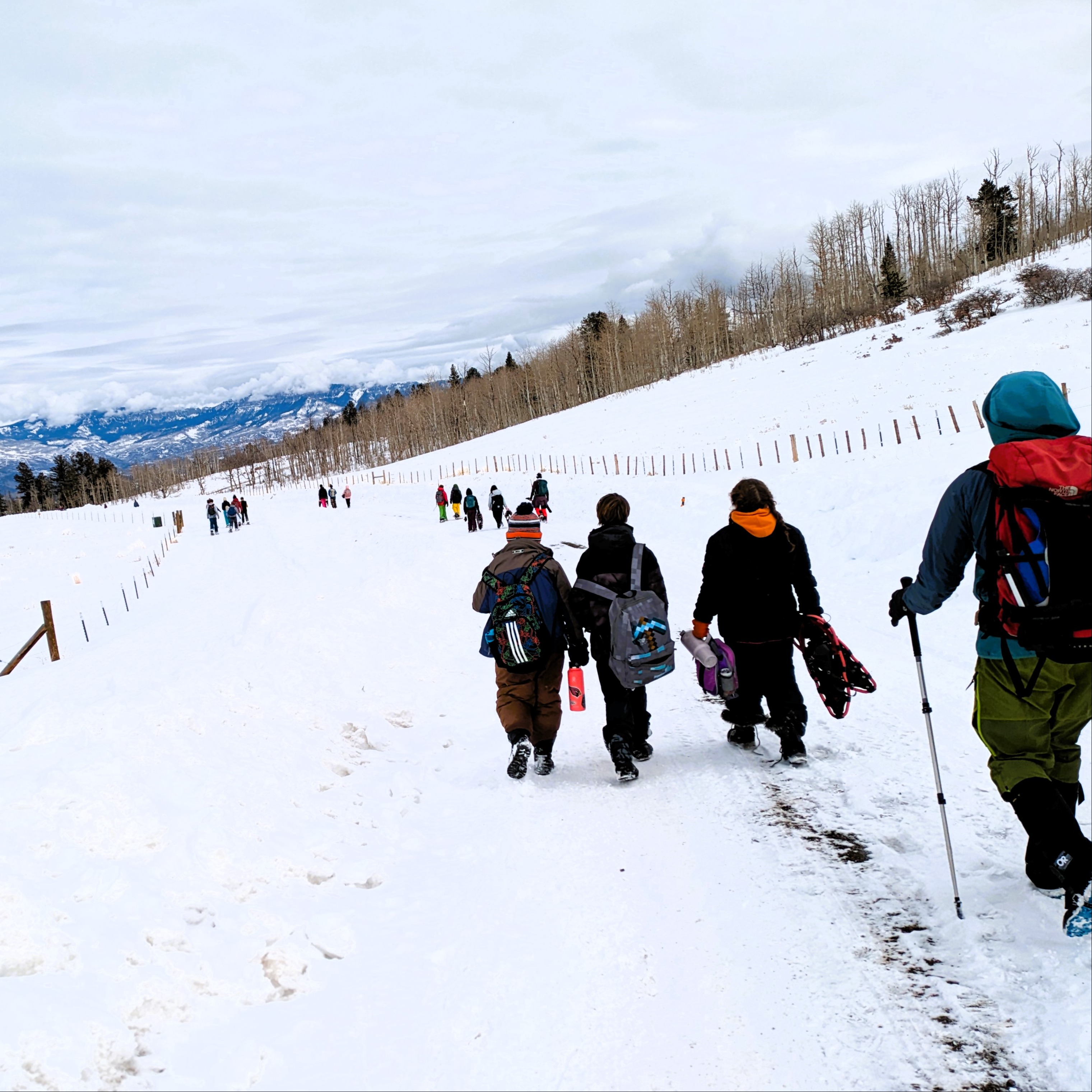 Middle school students snowshoeing Miller Mesa