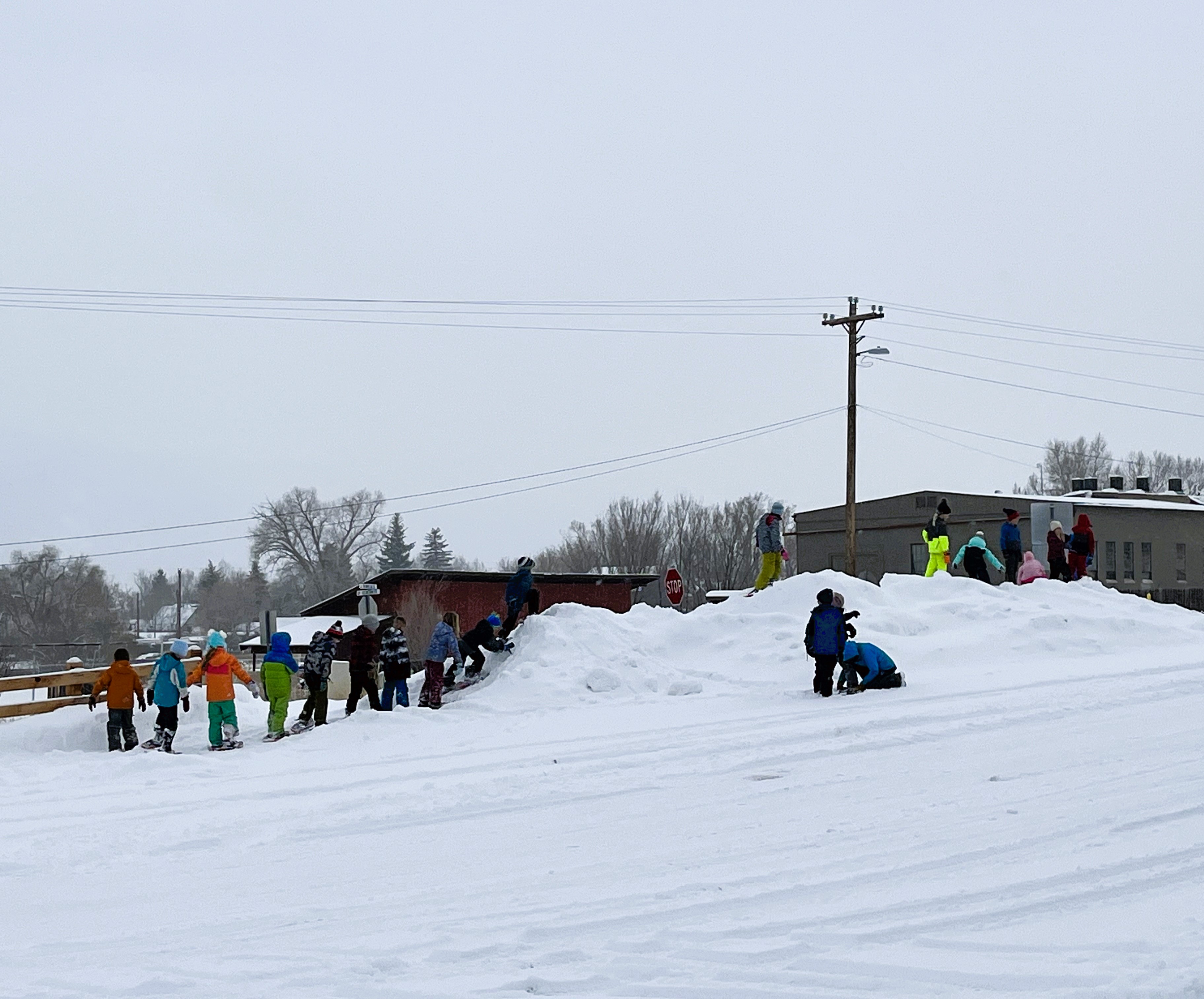 2nd grade P.E. class snowshoeing