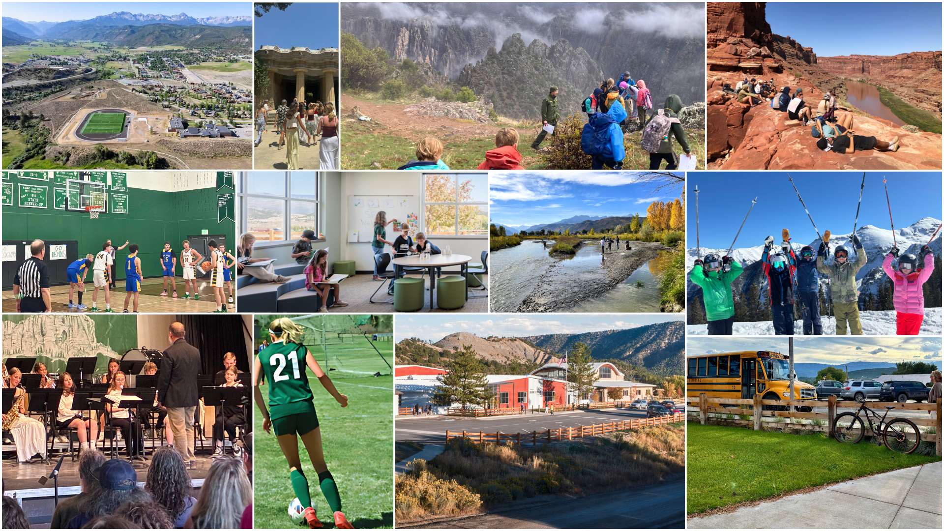 Collage of Ridgway School District showing town views, outdoor field trips, classroom learning, sports, music, skiing, and school bus.