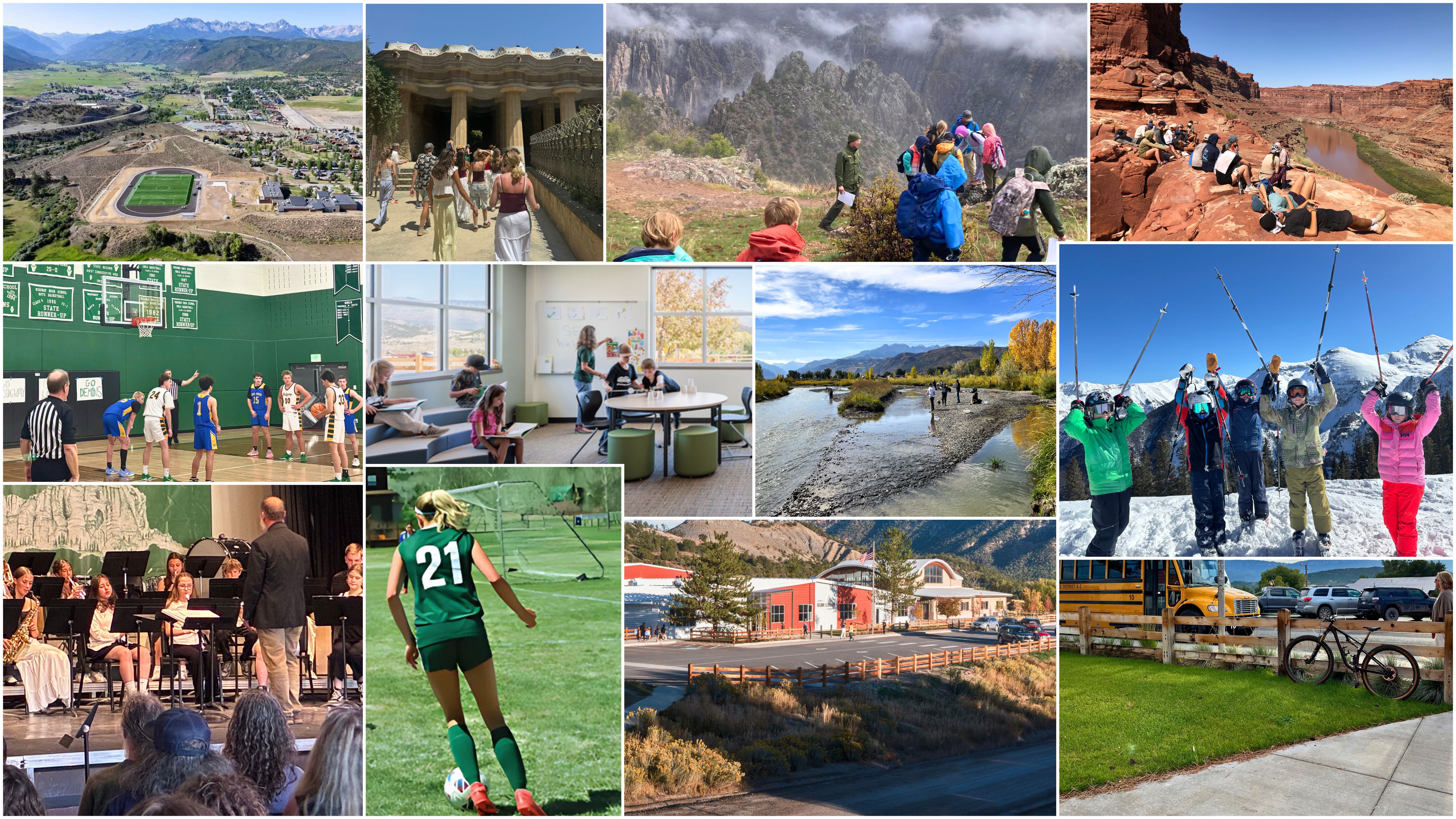 Collage showing Ridgway school life, including outdoor field trips, sports, classroom learning, music, and mountain activities