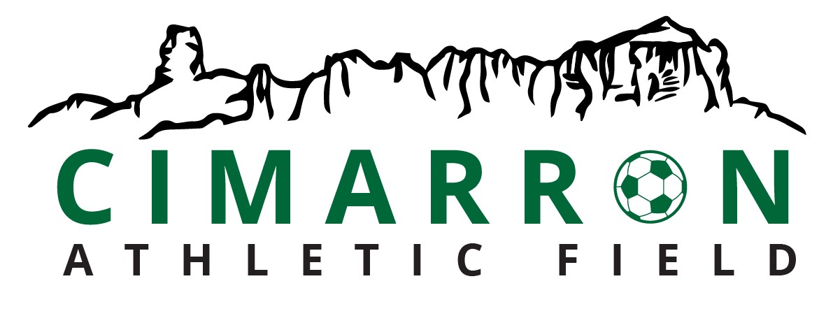 Cimarron Athletic Field logo with mountain silhouette above green text and soccer ball in the letter O.