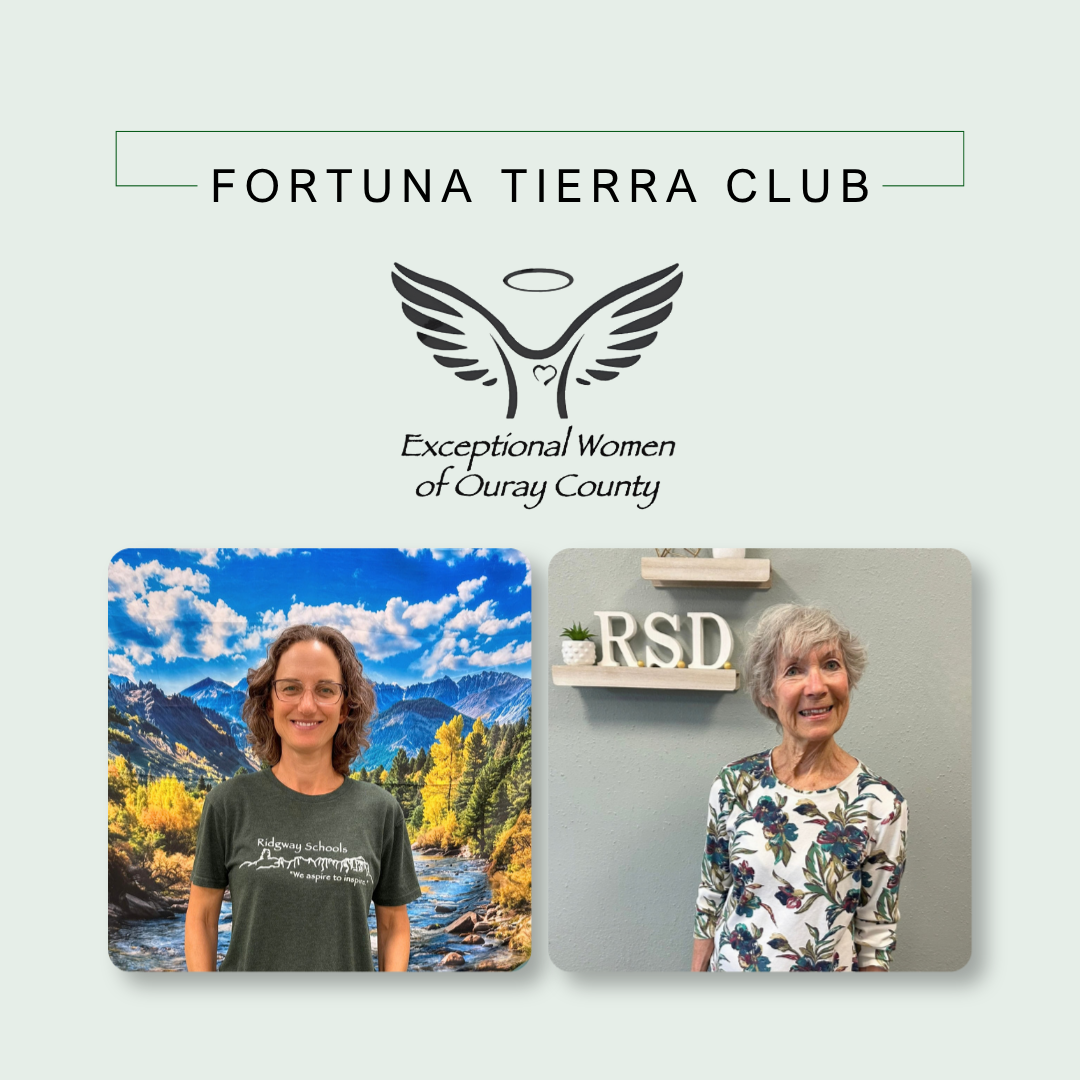 Fortuna Tierra Club graphic featuring the Exceptional Women of Ouray County logo and portraits of two women.