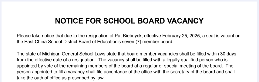 Notice for School Board Vacancy