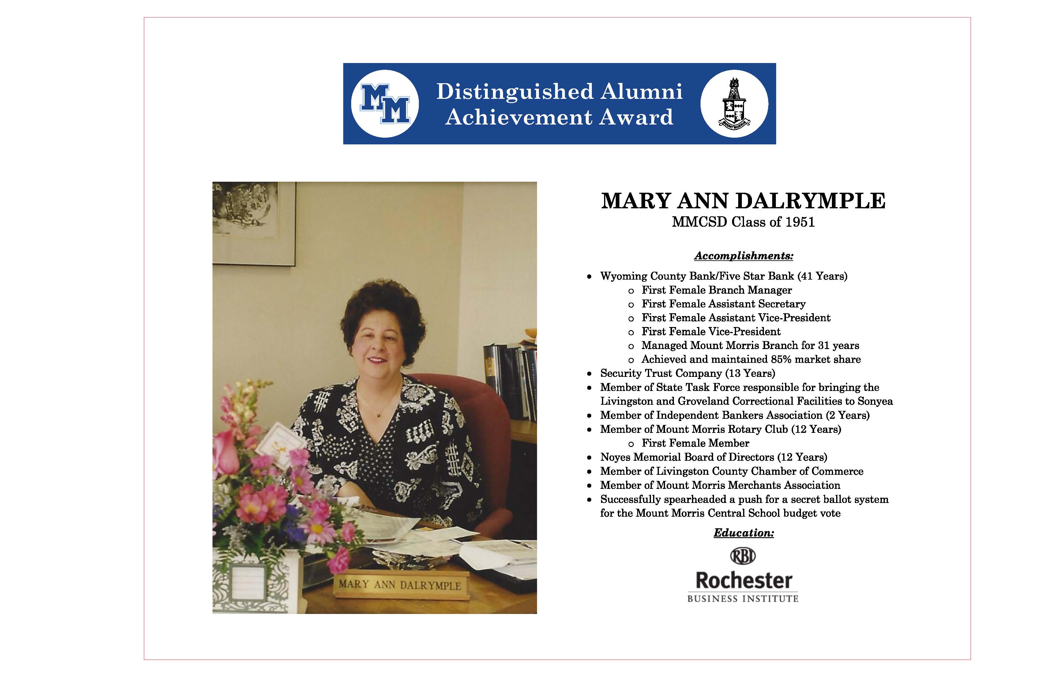 Mary Ann Dalrymple Accomplishments.