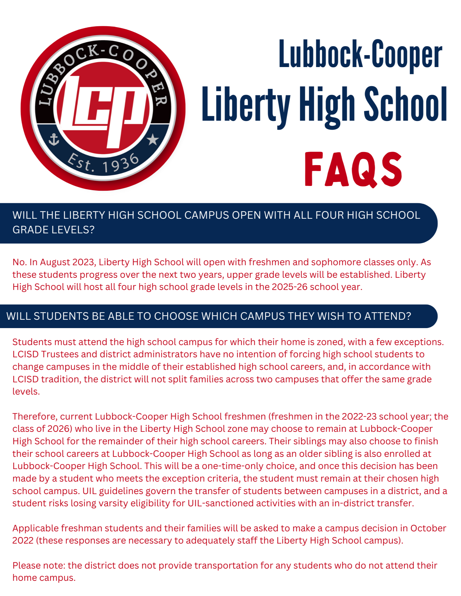Liberty FAQs Lubbock Cooper Liberty High School