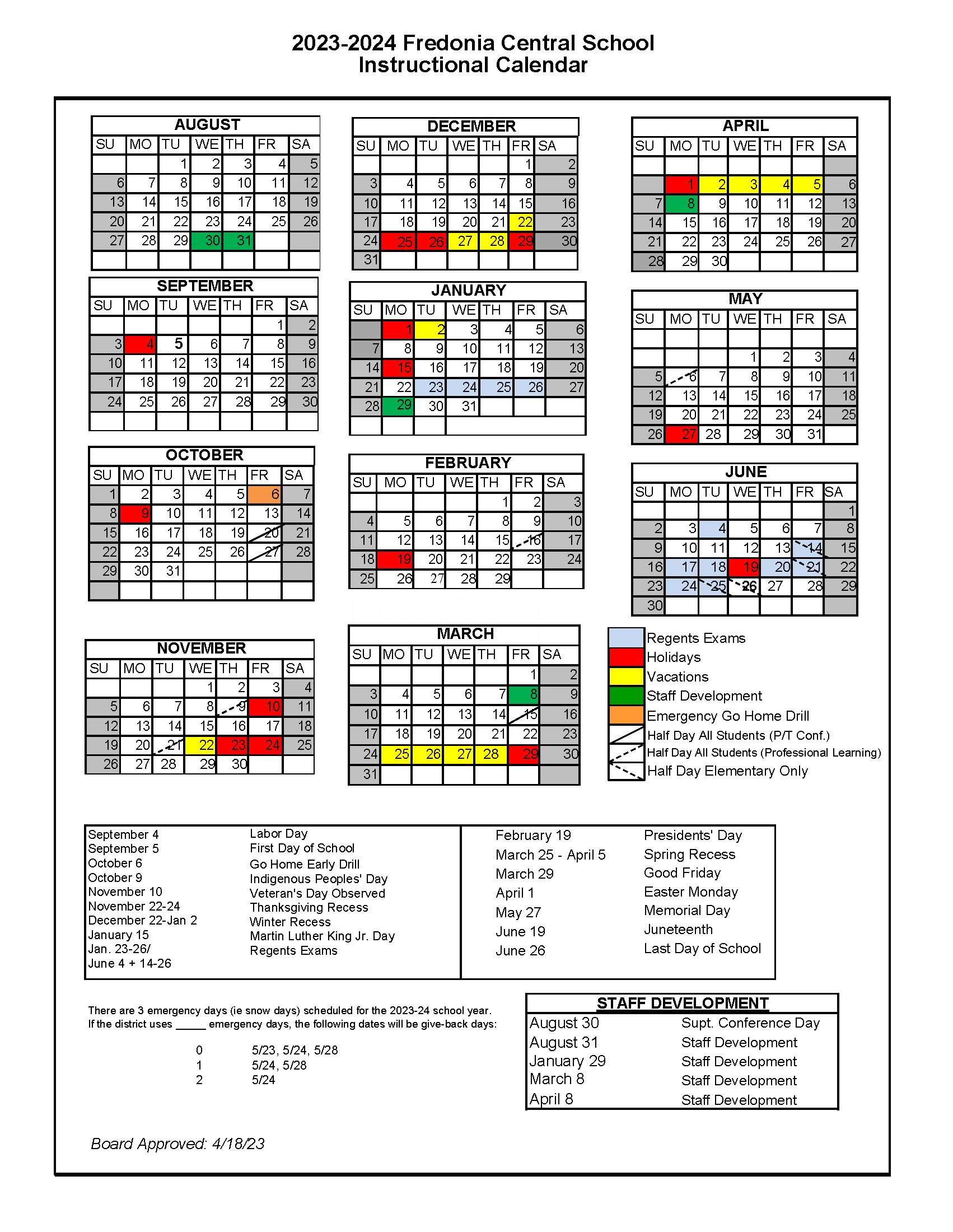 FCSD 202324 Instructional Calendar Fredonia Central School District