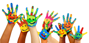 Picture of kids hands painted with smiley faces.