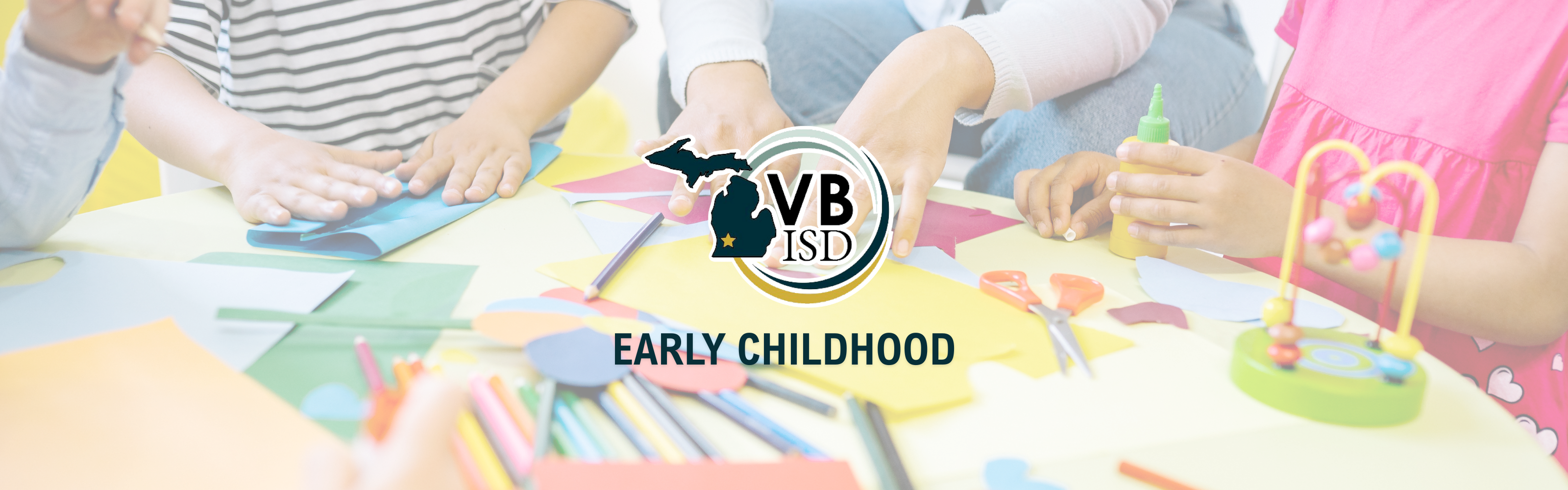VBISD Logo and Early CHildhood text over a transparent image showing small children playing and finger painting