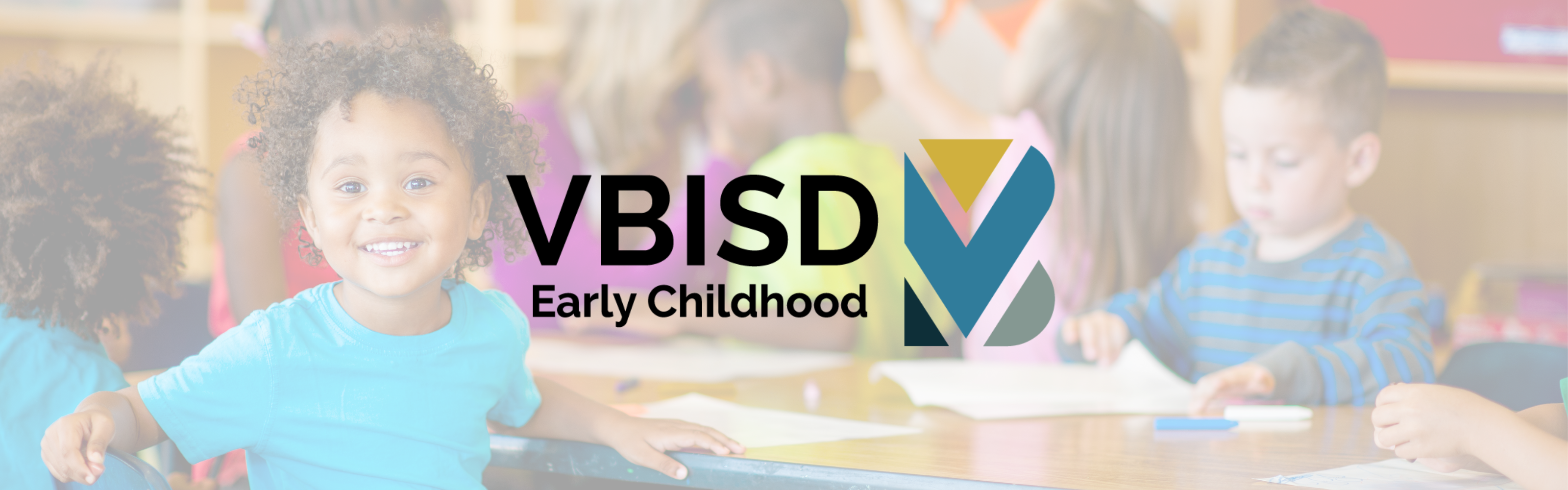 VBISD Logo with Early Childhood text over it on a transparent photo in the background of children