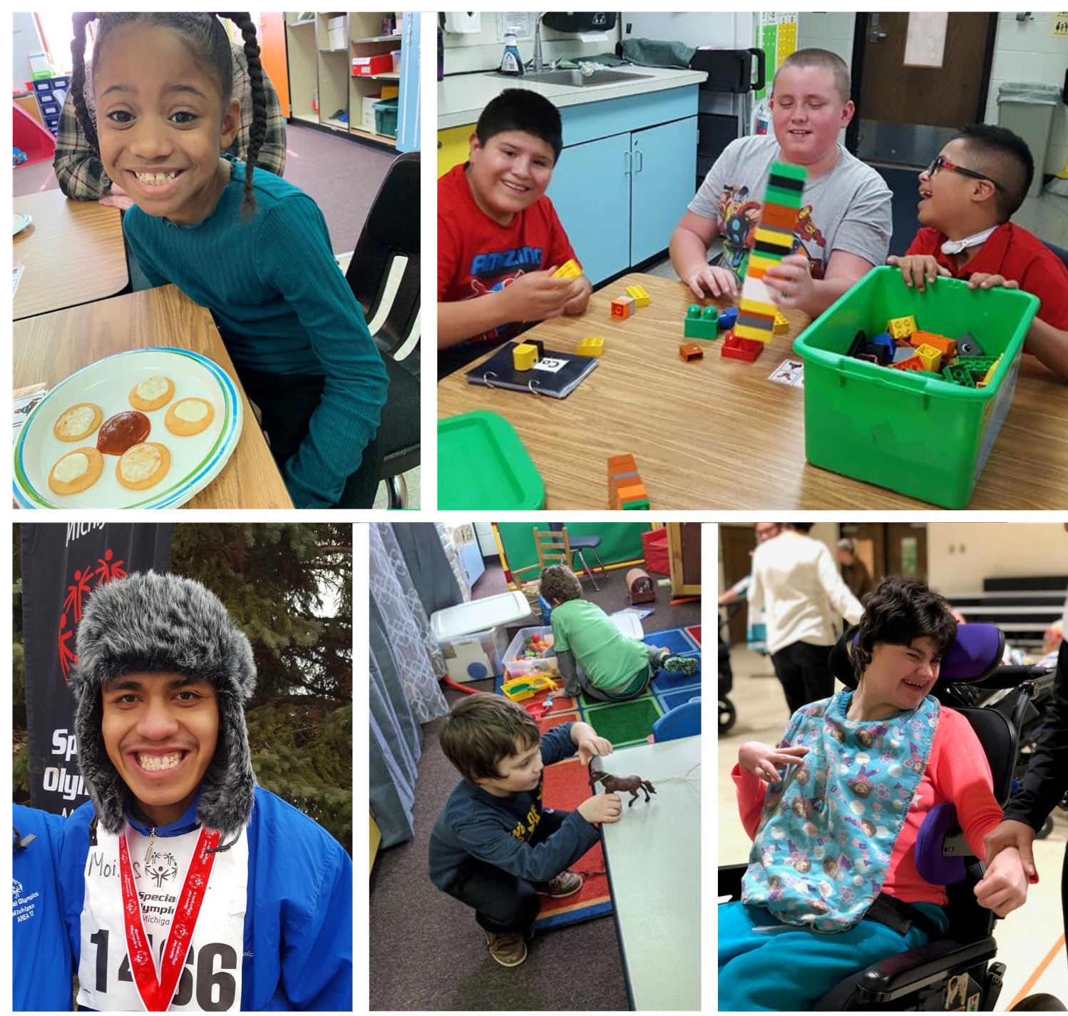 Photo collage with a girl smiling, students working with Legos, a student smiling with a ribbon, a student with a toy horse, and a student smiling.