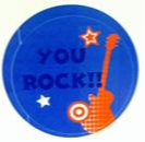 Picture of a "You Rock!!" sticker with an orange guitar embedded in it.