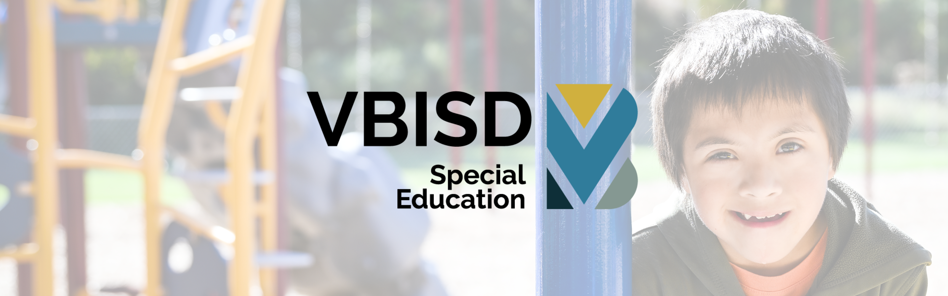 VBISD logo with Special education text over it on a photo of a student that is transprent in the background smiling