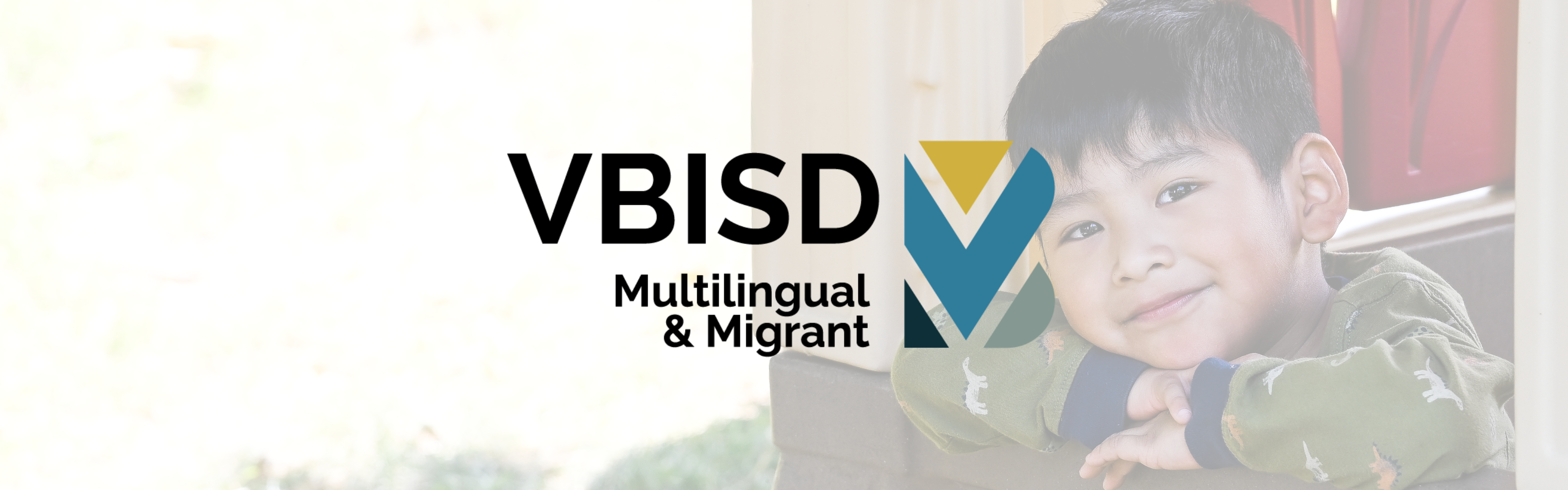 VBISD logo and multilingual and migrant text over it with a transparent photo of s student in the background smiling