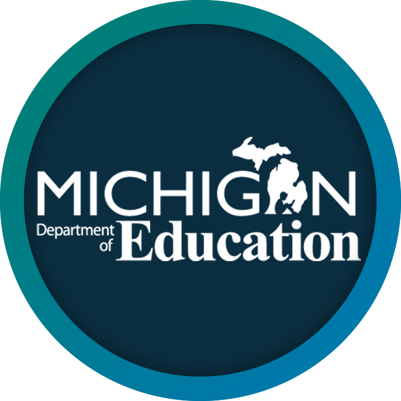 Logo for Michigan Department of Education. A blue circle with a student reading on the state of Michigan outline.