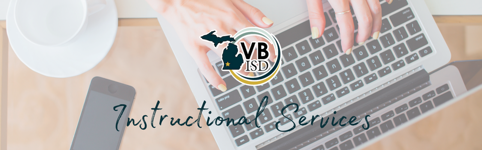 A hand typing on a keyboard with the VBISD logo overlayed on it and the words "Instructional Services" under the logo