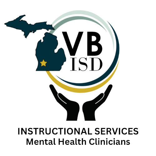 VBISD MHC Logo- Hands holding the ISD Logo (the state of michigan with the words VBISD next to it) with the words "Instructional Services Mental Health Clinicians"