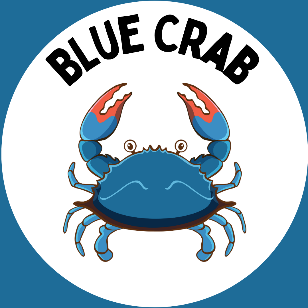 "Blue Crab" with a picture of a blue crab underneath