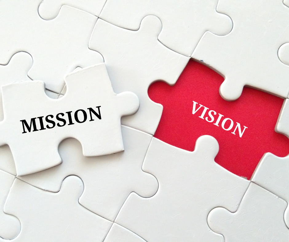 Puzzle pieces with one saying "mission" and the other saying "vision"