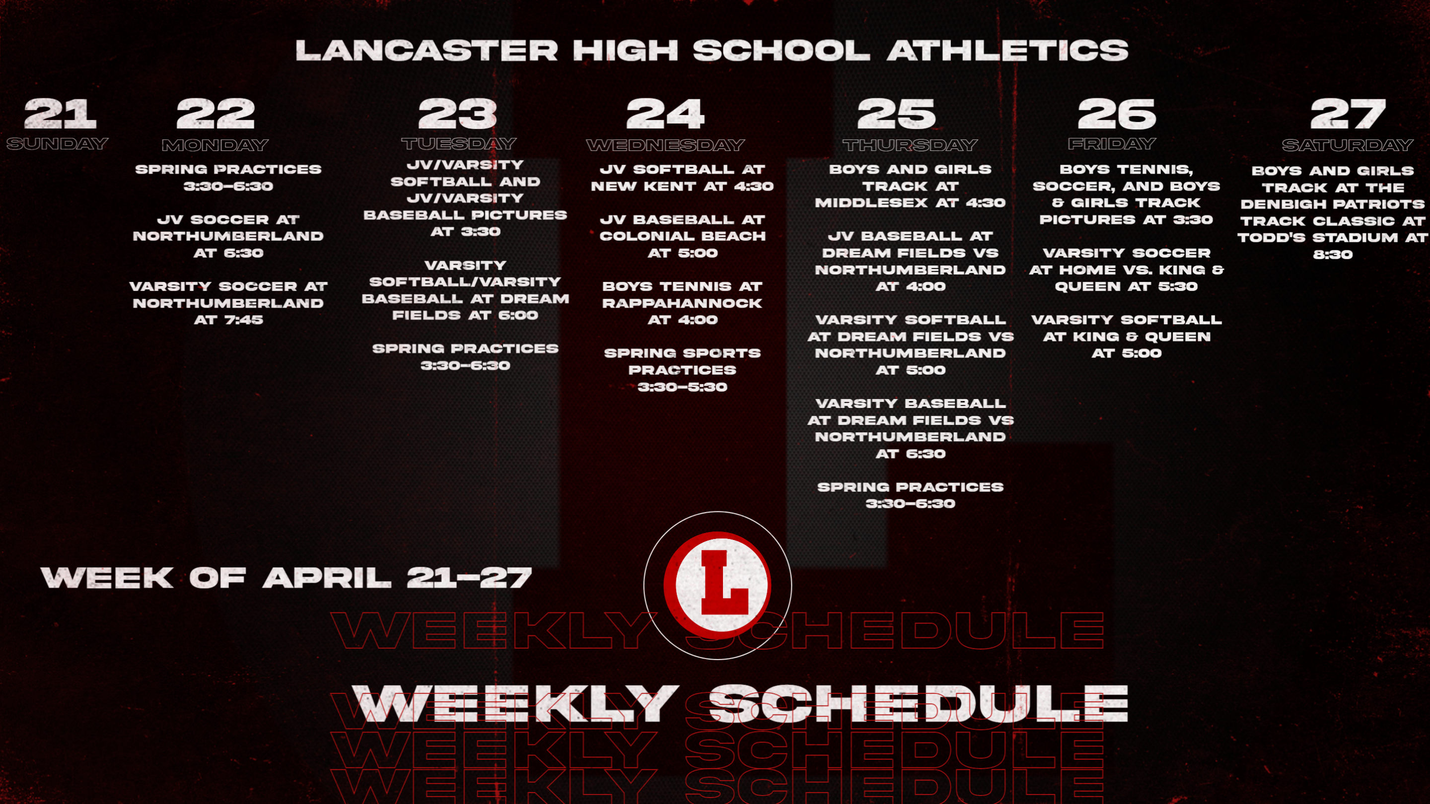 Weekly schedule for April 22nd