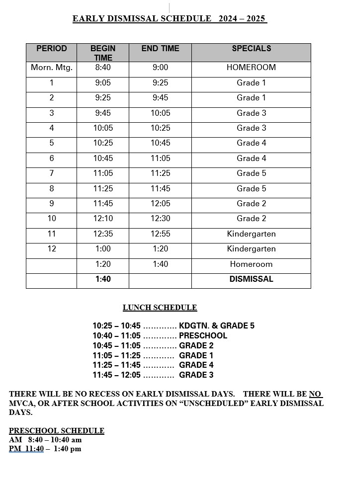 Early Dismissal Schedule