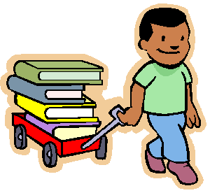 Kid moving some books in a wheel car