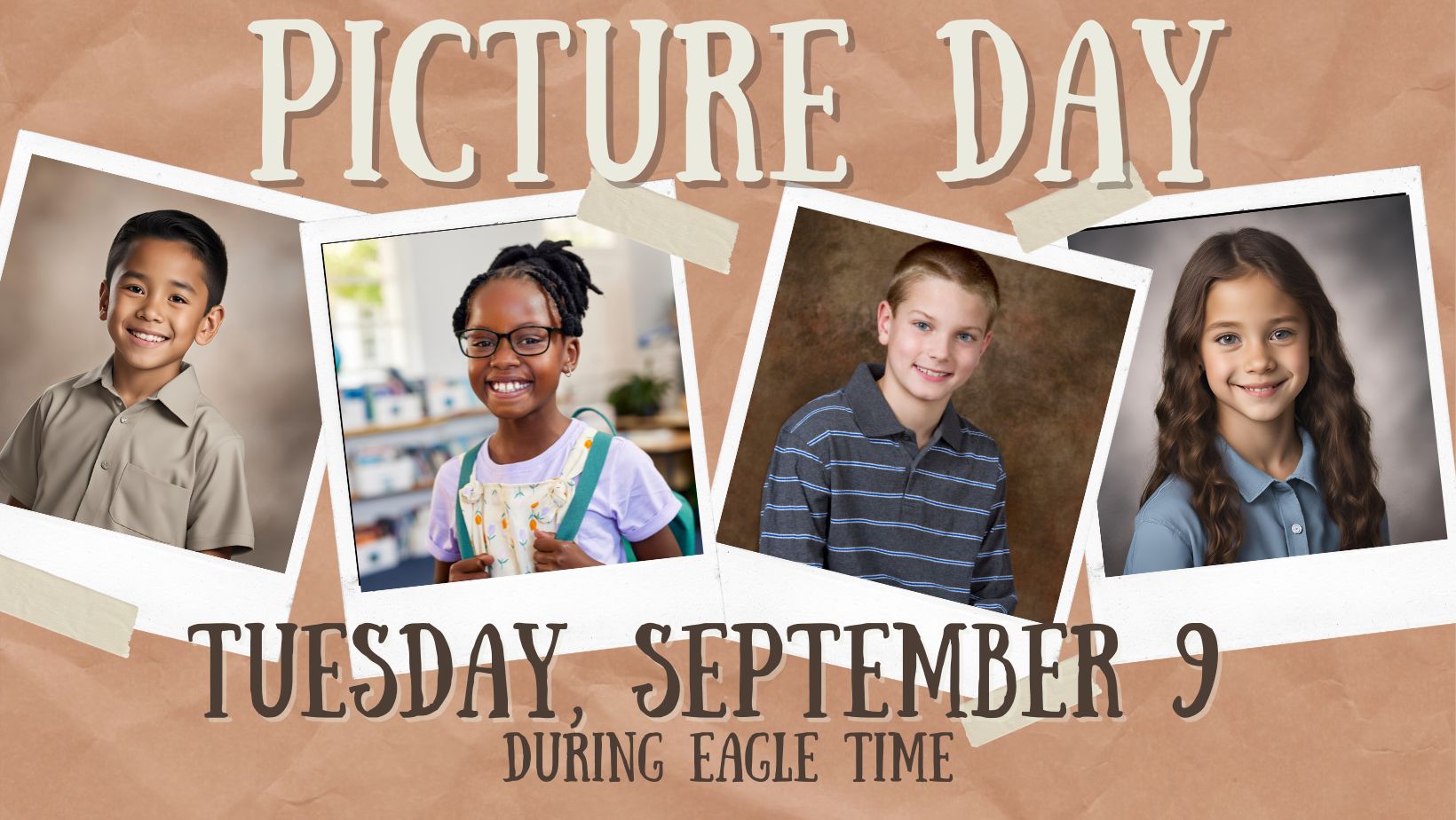 Graphic for Picture Day at Riverside Elementary. Four student portraits are displayed, each taped onto a brown background like scrapbook photos. Text reads: “Picture Day – Tuesday, September 9 during Eagle Time.”