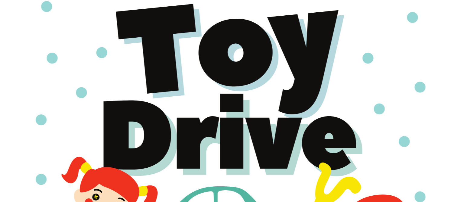 A colorful flyer announcing the Riverside Elementary Student Council Toy Drive. The top features bold black text that says “Toy Drive” with playful shadows. Around the text are cute illustrations of a doll, a toy car, and a tricycle. Light teal polka dots decorate the background. At the bottom, two decorated Christmas trees frame the text. The flyer states that donations of new, unwrapped toys for preschool through 5th-grade students will be accepted through Monday, December 15th. Drop-off location is Riverside Elementary. Contact information for Jessica Amador and Ashley Adams is listed at the bottom.