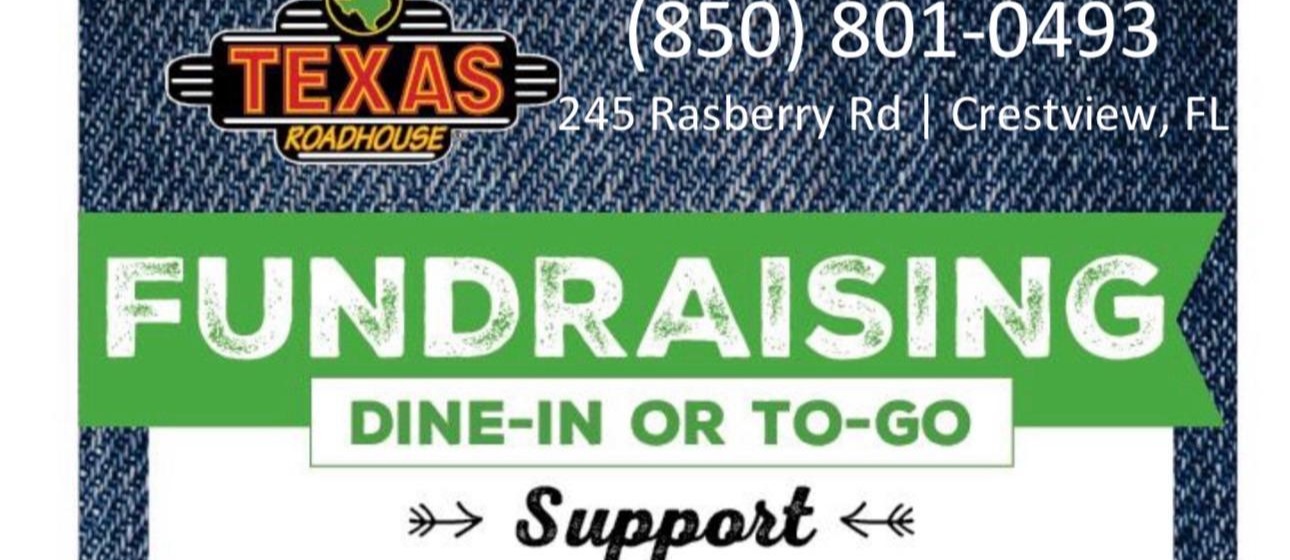 Flyer advertising a Texas Roadhouse fundraising event for Riverside Elementary School. The flyer includes the Texas Roadhouse logo at the top with the Crestview location and phone number. Large text reads “Fundraising – Dine-In or To-Go.” Event details say “Support Riverside Elementary, Wednesday, February 4, 3:00–10:00 PM.” A green badge highlights “10% Donation Night.” The flyer explains that Texas Roadhouse will donate 10% of total food purchases when the flyer is presented. An image of fresh dinner rolls with cinnamon butter appears at the bottom left.