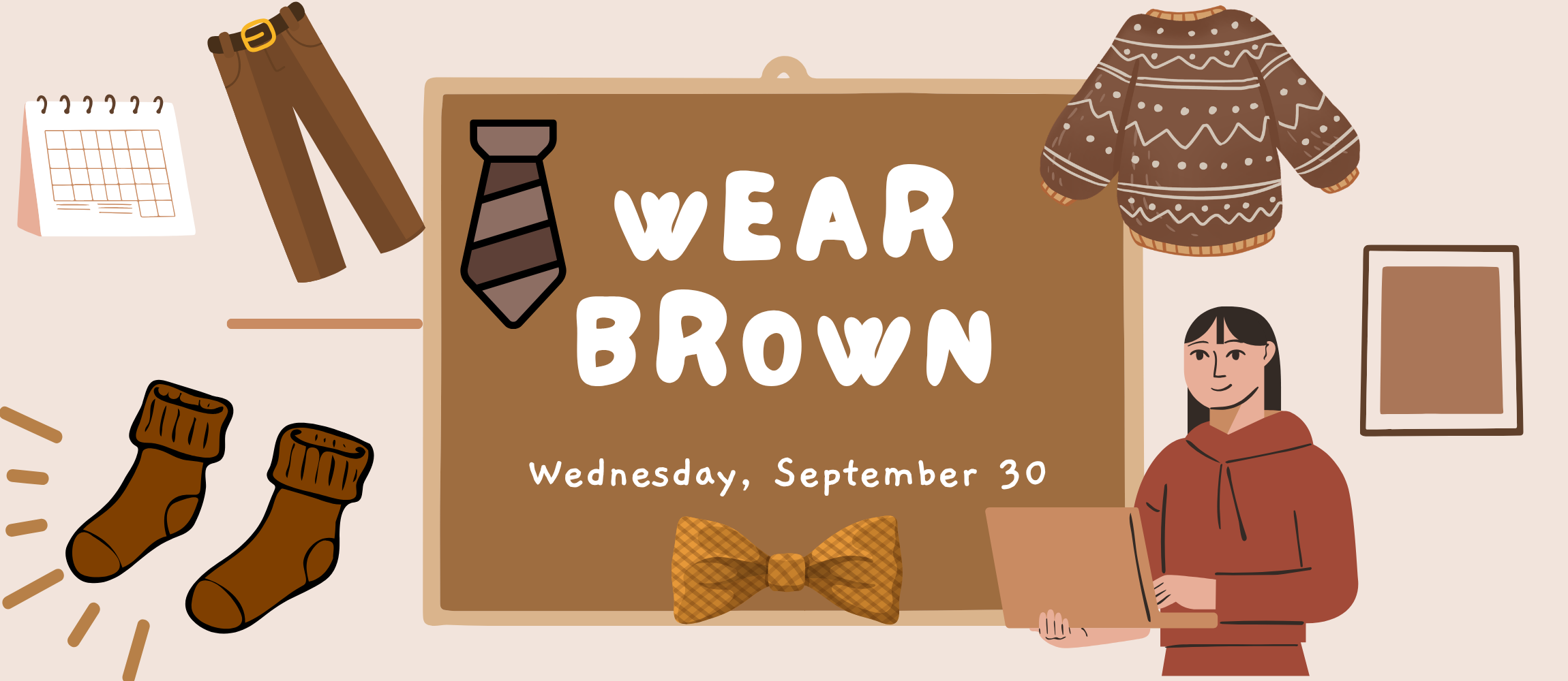 A fall-themed graphic for Color Days featuring brown clothing and accessories, including pants, a sweater, tie, socks, and a bow tie. The center sign reads “WEAR BROWN” and “Wednesday, September 30.”
