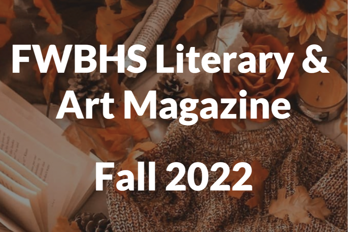Book with sweater and fall leaves. FWBHS Literary & Arts Magazine Fall 2022
