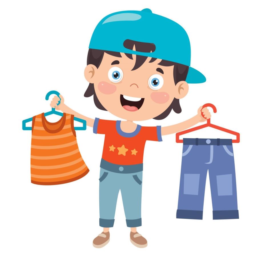 Boy holding shirt and pants - cartoon