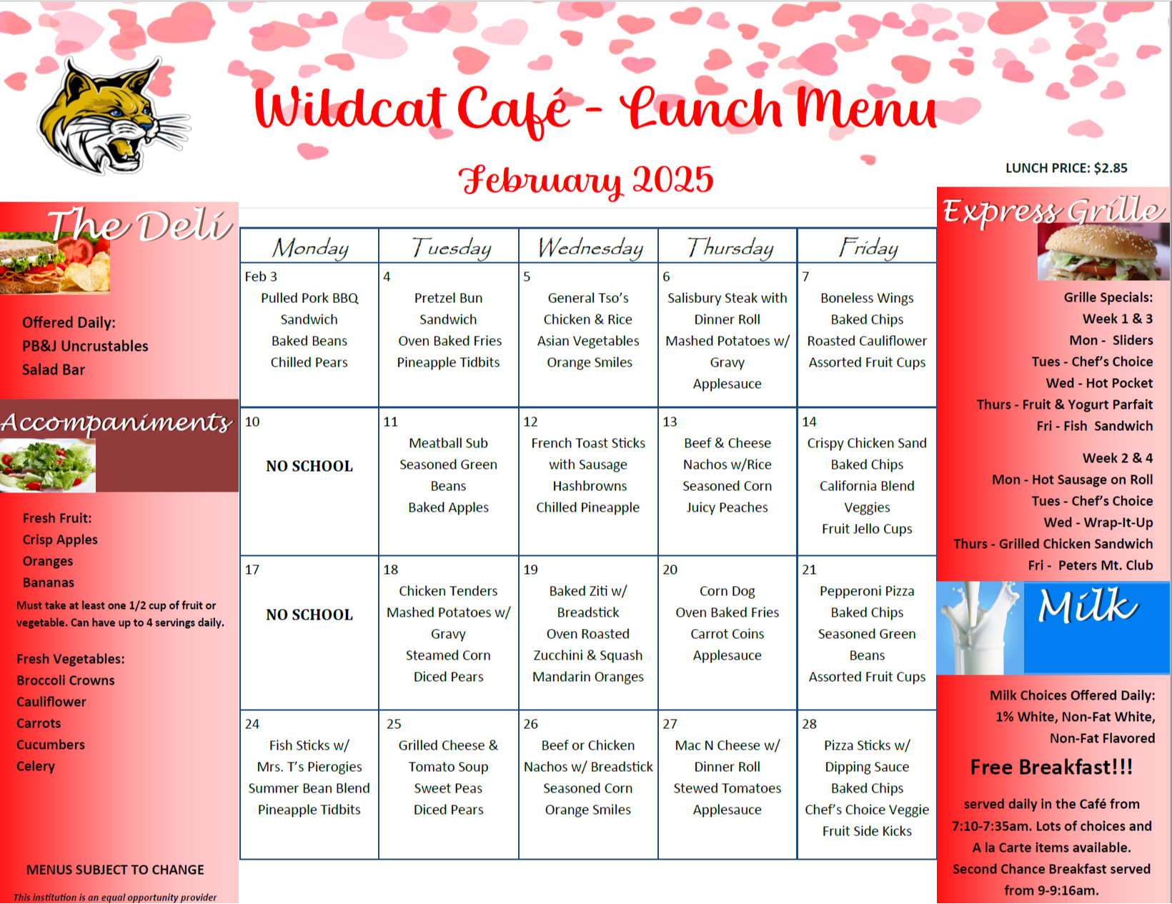 February, 2025 Wildcat Lunch Menu