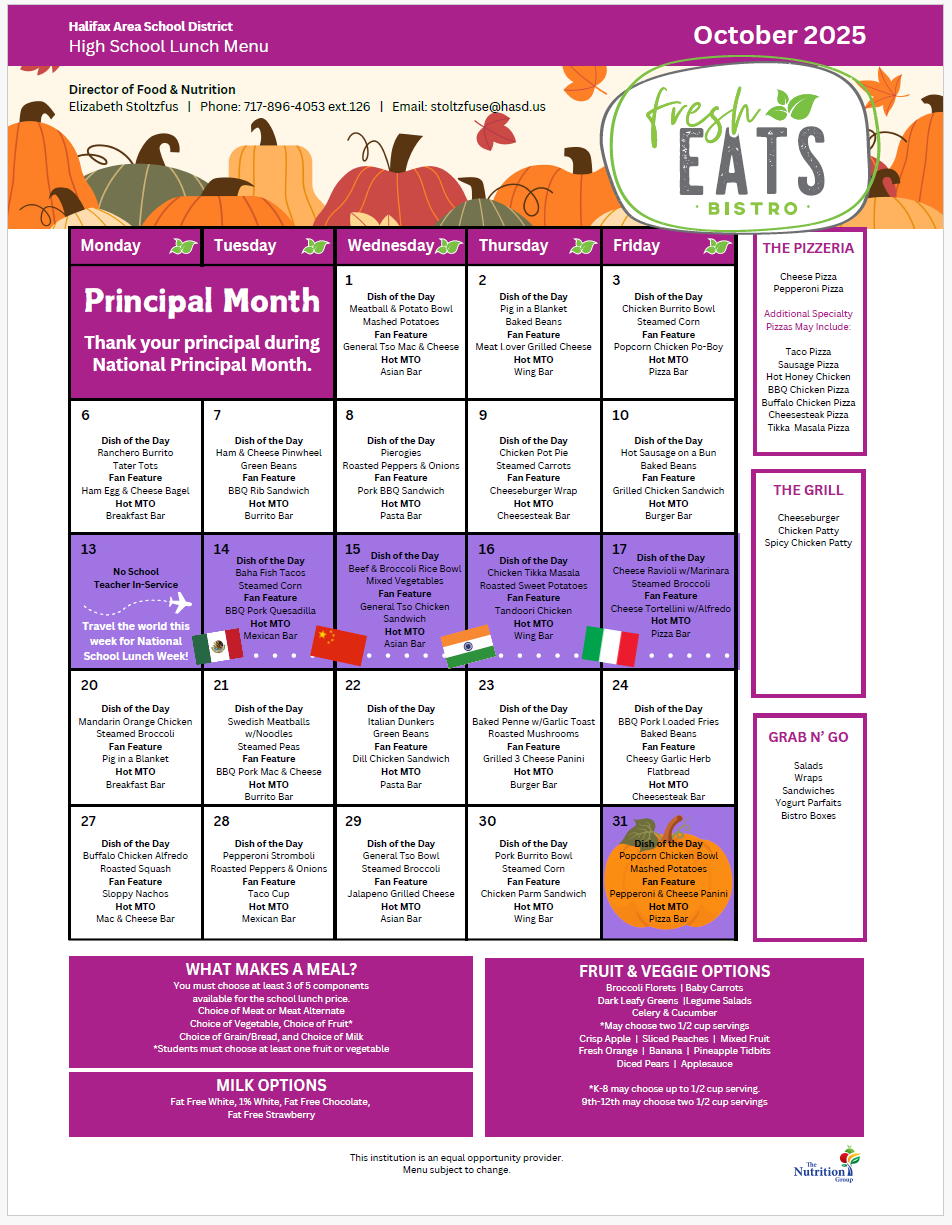 Oct HS/MS Lunch Menu